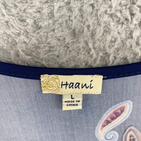 Haani Dress Womens Large Navy Multi Paisley Shift Bell Sleeve Jersey Knit Mini - Picture 5 of 9